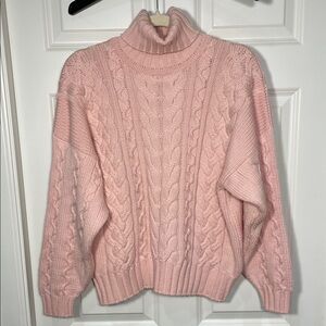 Pringle of Scotland Lambswool Sweater Large Cable Chunky Turtleneck Pink